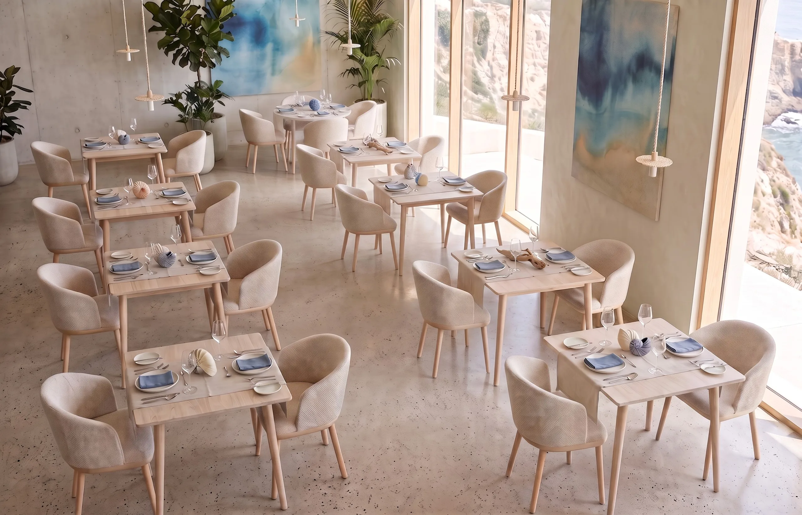 Sedie Pad imbottite in una sala da pranzo affacciata sul mare